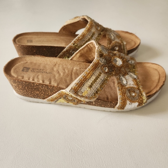 Gold Embellished Floral Sandals with Pearlescent Beads, Gem Stones & Sequins - Picture 5 of 13